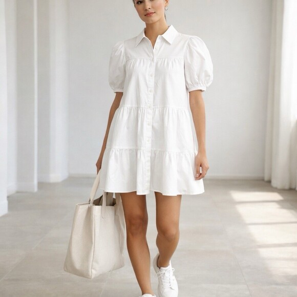 Zara Dresses & Skirts - ZARA White Cotton Poplin Shirt Dress Puff Sleeve Tiered Mini Size S 4 6